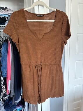 SHEIN Brown Waffle Knit Short Sleeve Romper